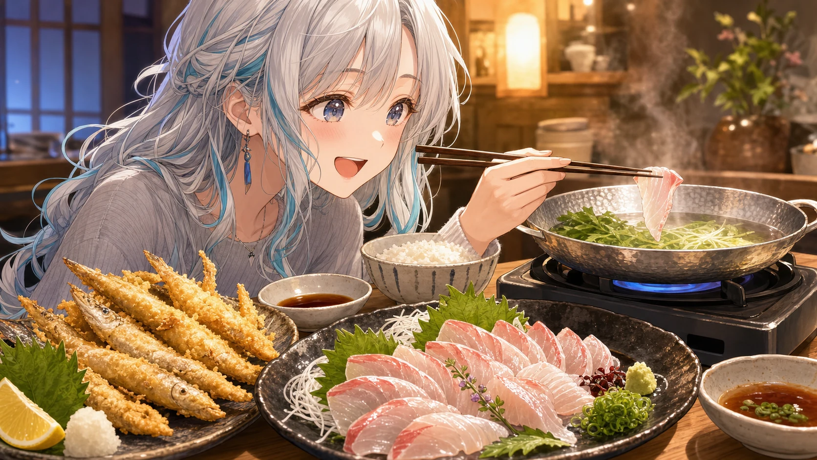 唐揚げと刺身と温かい鍋を前に食事を楽しむ人物のイメージ