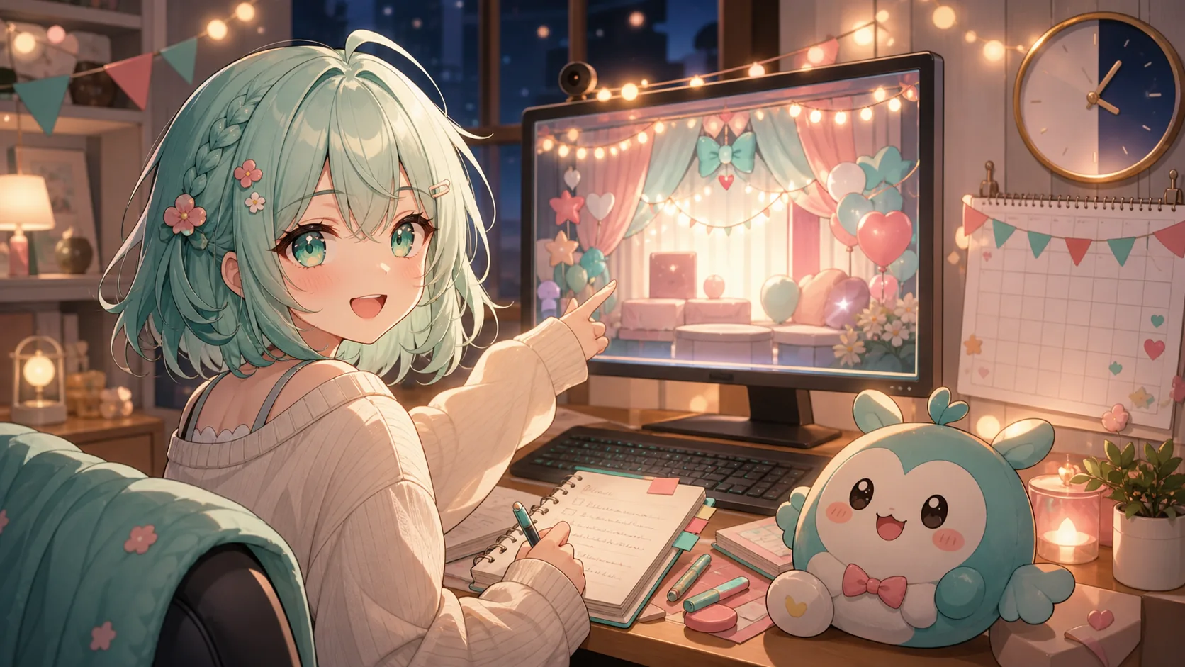 誕生日前夜の配信机でカレンダーと時計を見ながら待機枠を準備するオリジナルキャラクターのイメージ