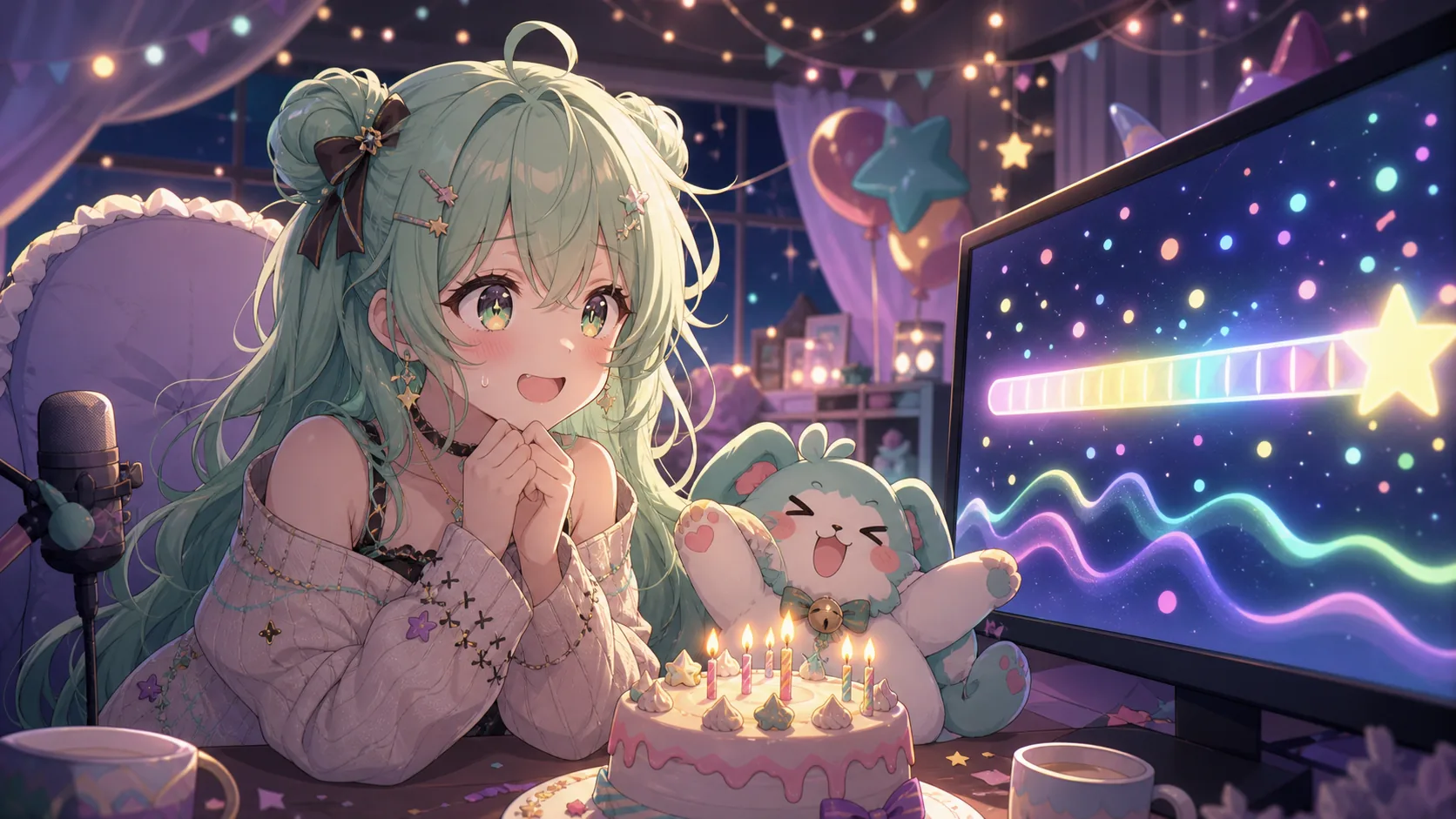 登録者カウンターと誕生日の時計を見守る配信部屋のオリジナルキャラクターと小さなマスコットのイメージ