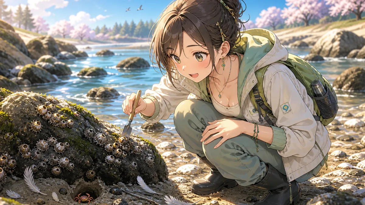川辺でフジツボを探すオリジナルキャラクター