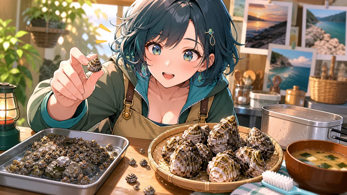 小さなフジツボ採取と調理準備を描いたオリジナルキャラクター
