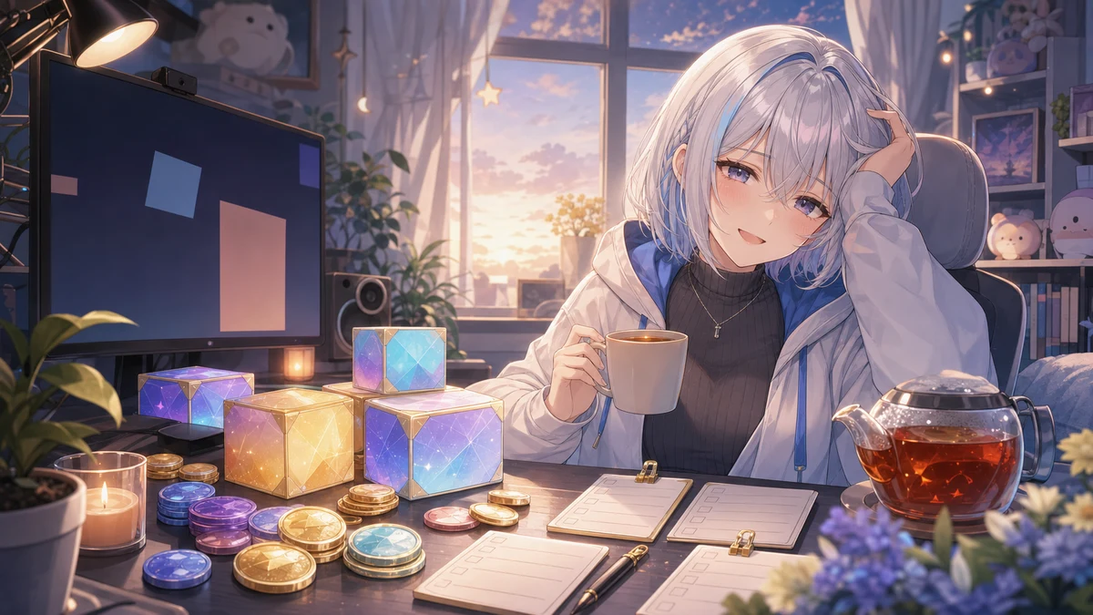 イベント読了後の配信画面を前に、報酬箱や交換アイテムを確認する女性キャラクターのイラスト