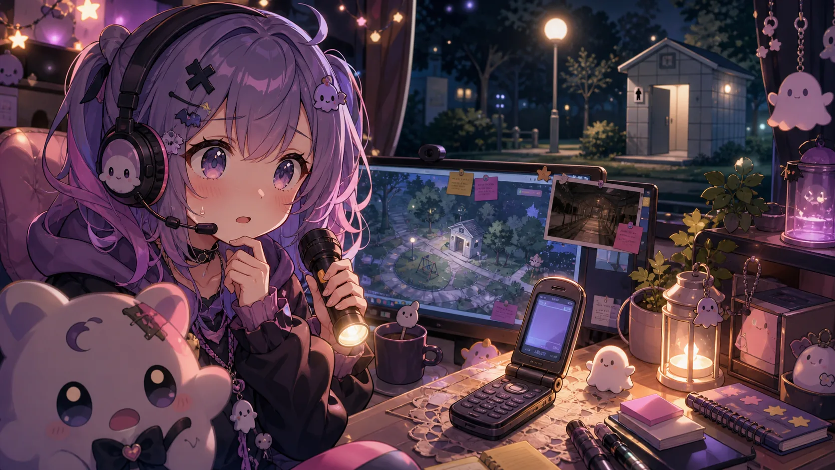 夜の配信机で公園の噂と古い電話を見比べるオリジナルキャラクターのイメージ