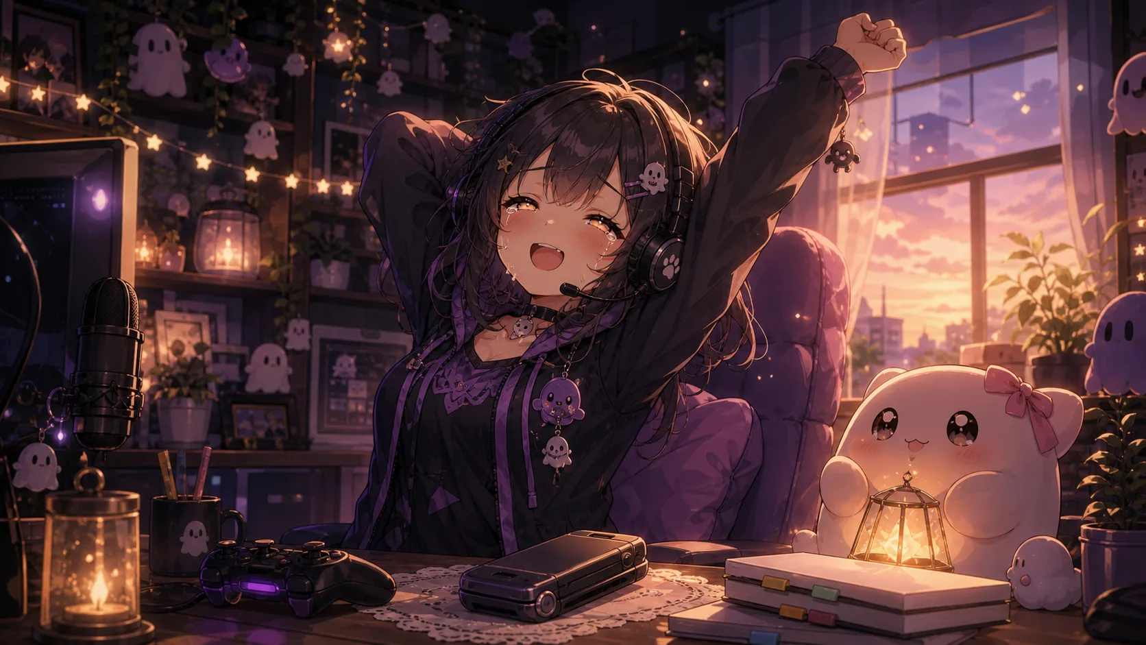 配信後の部屋で古い携帯電話とコントローラーを置きほっとするオリジナルキャラクターのイメージ