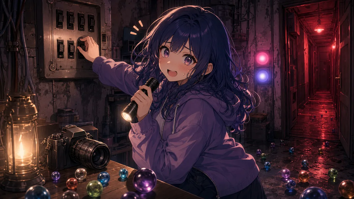 ブレーカーと赤い部屋の前で選択に迷うオリジナル女性キャラクターのイラスト