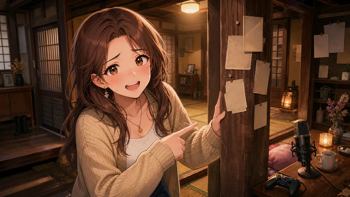古い家の玄関で、配信画面を前に軽口を言う成人女性のオリジナルキャラクター