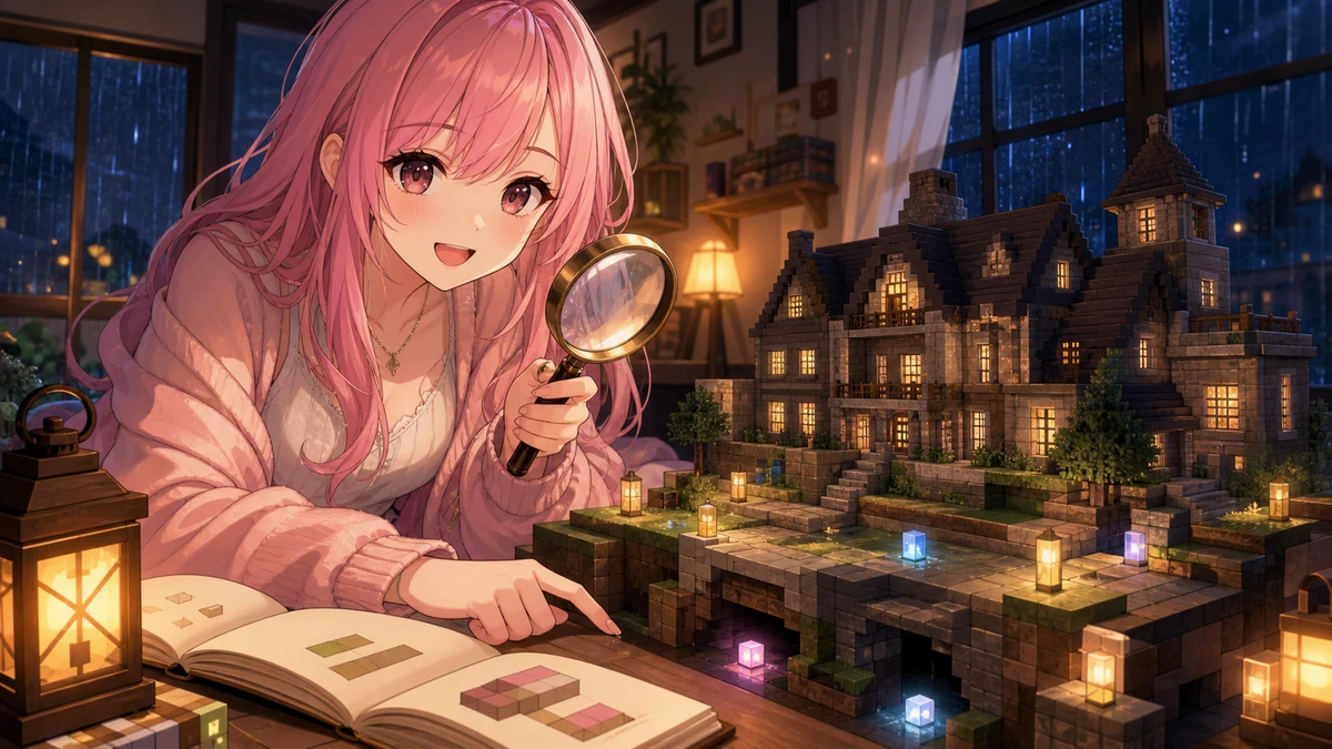 雨の窓辺のブロック屋敷を虫眼鏡で調べる、ピンク髪のオリジナルキャラクターと光るかけらのイメージ