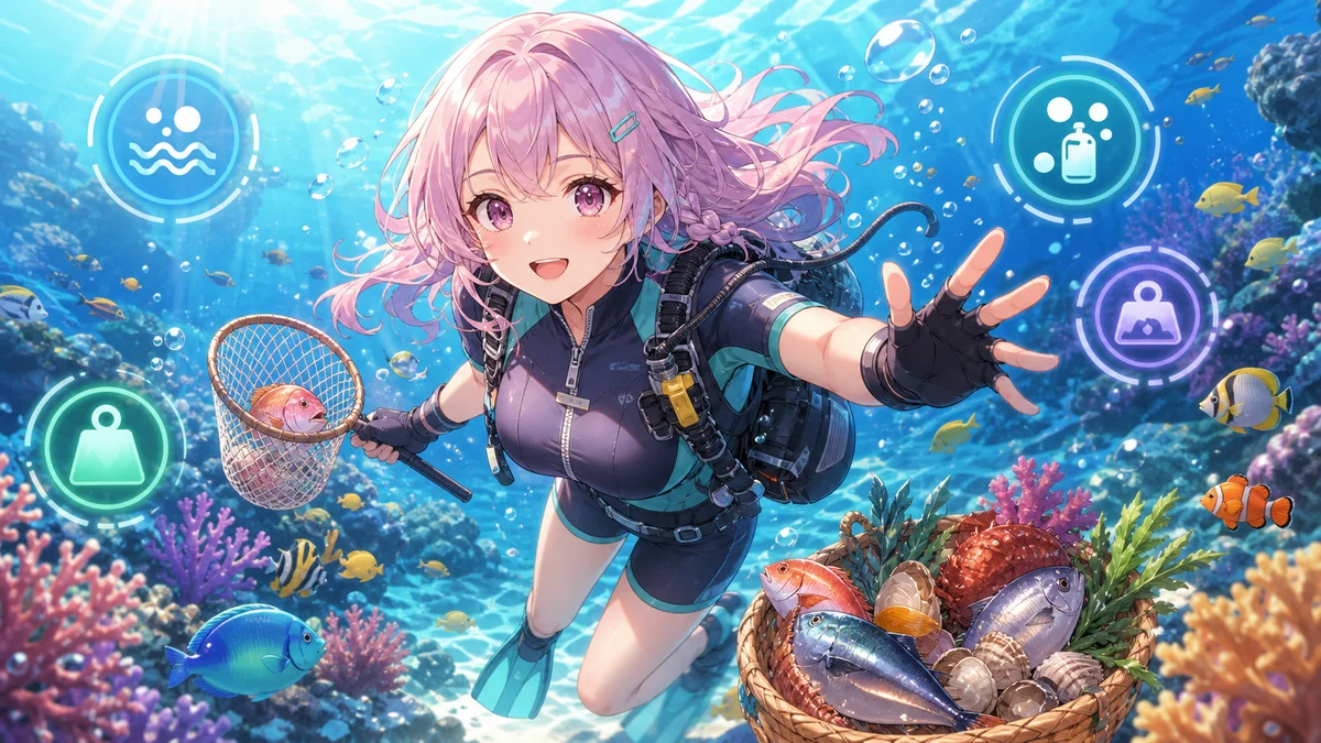 青い海中で魚を追いながら操作に慣れる薄桃色の髪の女性キャラクターと丸い計器アイコン