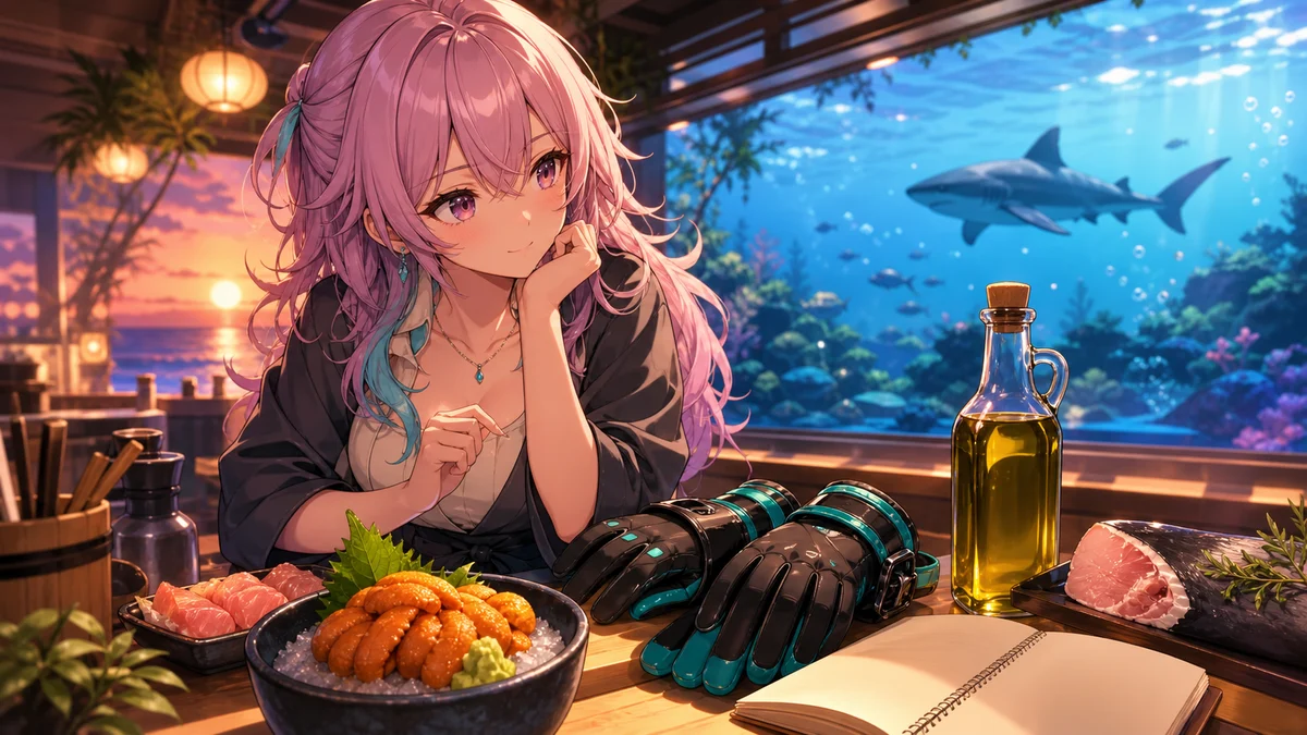 夕方の海辺でウニと手袋とオリーブオイルを前に次の探索を考える薄桃色の髪の女性キャラクター