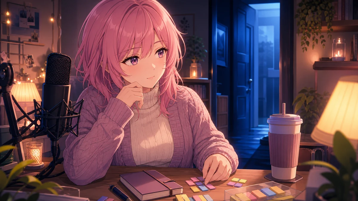 夜の配信机で飲み物とノベルゲームの分岐メモを前に準備する女性キャラクターのイメージ