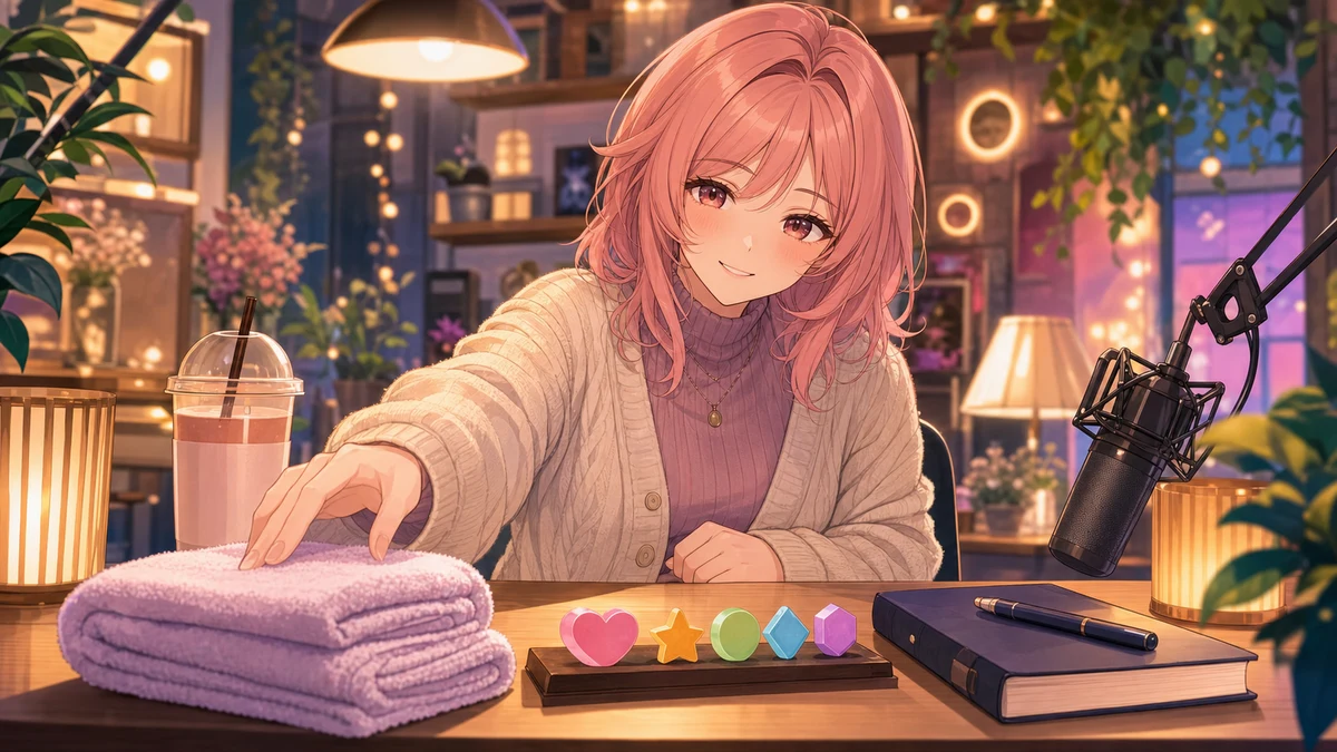 明るい店内でタオルと作業メモを手に慌てる女性キャラクターのイメージ
