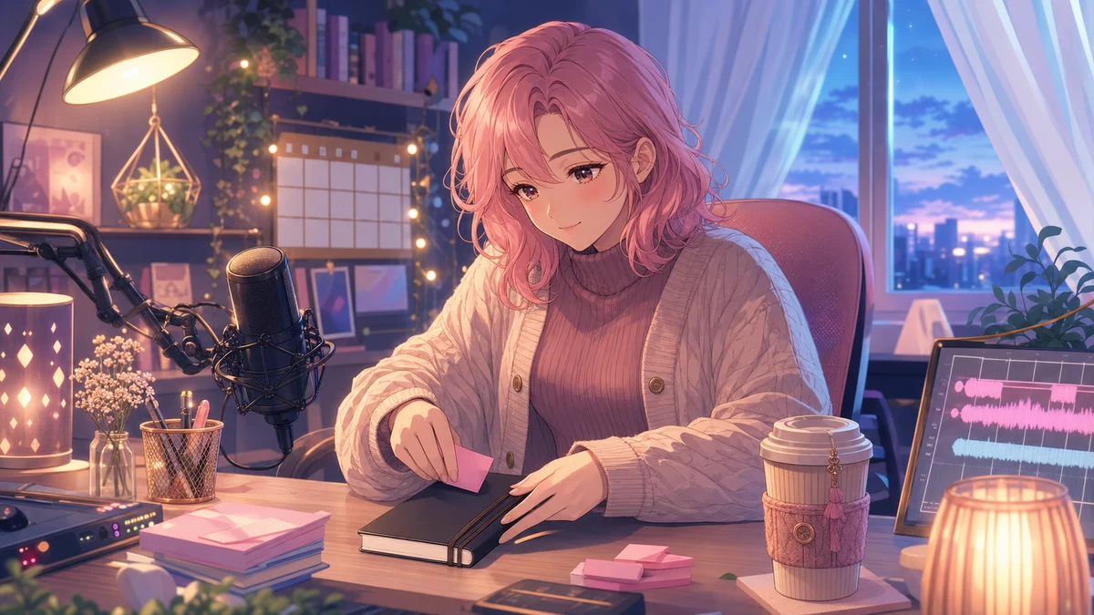 配信後の机でエンドロールメモと録音予定のカレンダーを確認する女性キャラクターのイメージ