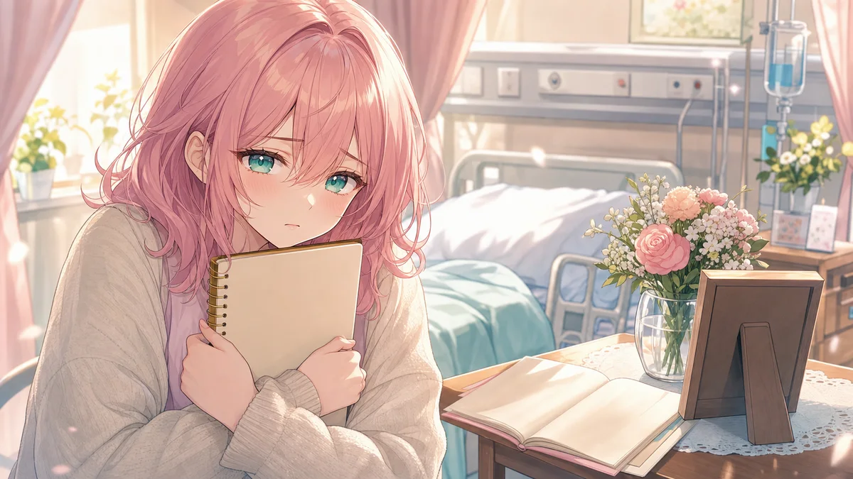 病院の静かな部屋で絵本と写真立てを前に立ち止まる女性キャラクターのイメージ