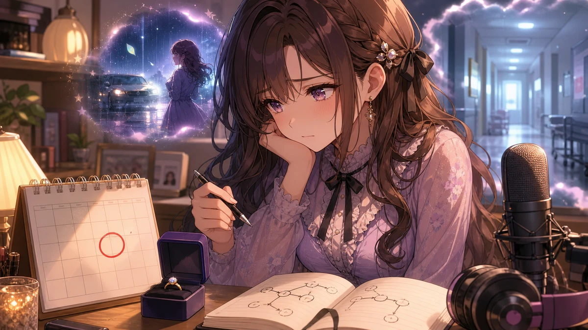 カレンダーと小さな指輪ケースを見つめながら配信ノートへ印をつけるオリジナル女性キャラクターのイメージ