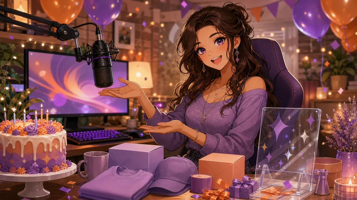紫の誕生日グッズとケーキを囲む、明るい配信部屋のオリジナル女性キャラクターイラスト