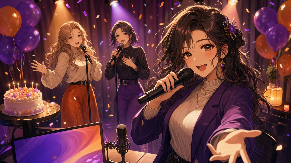 ゲスト歌唱のステージを楽しむ、マイクと光の演出に囲まれたオリジナル女性キャラクターイラスト