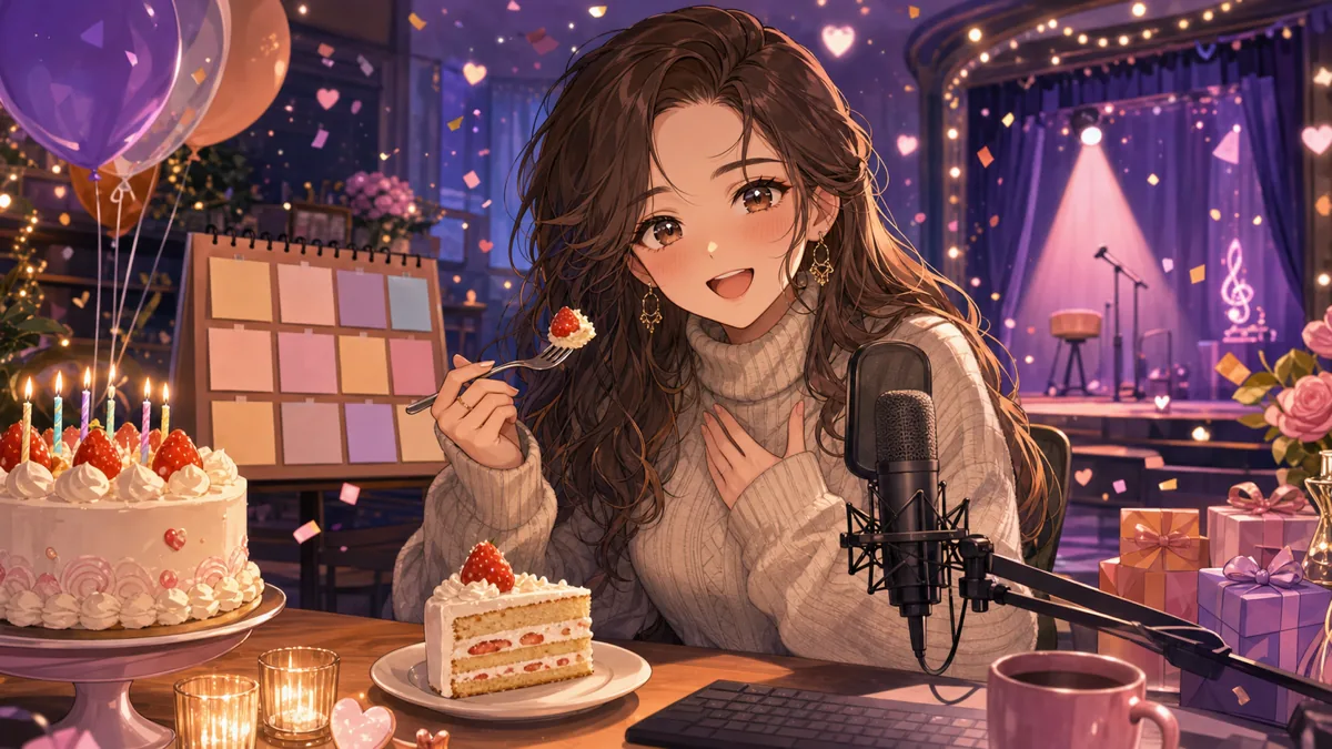 ケーキとコメントを前に次の予定を話す、配信机のオリジナル女性キャラクターイラスト