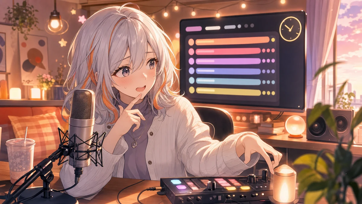 オレンジの照明が入った配信部屋で、白銀髪の女性キャラクターがマイクの前で曲リストを眺めるサムネイル風イラスト