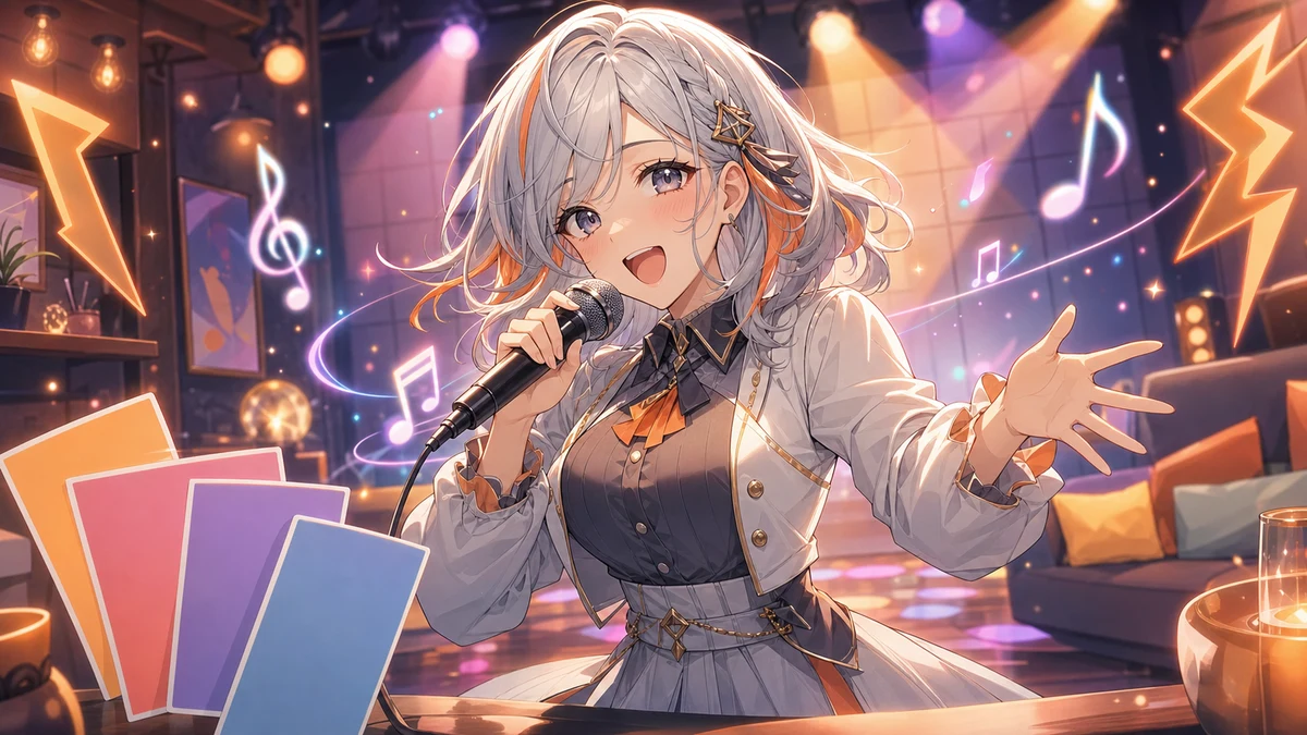 ステージライトの前で白銀髪の女性キャラクターがマイクを握り、音符と小さな星形ライトが広がるサムネイル風イラスト