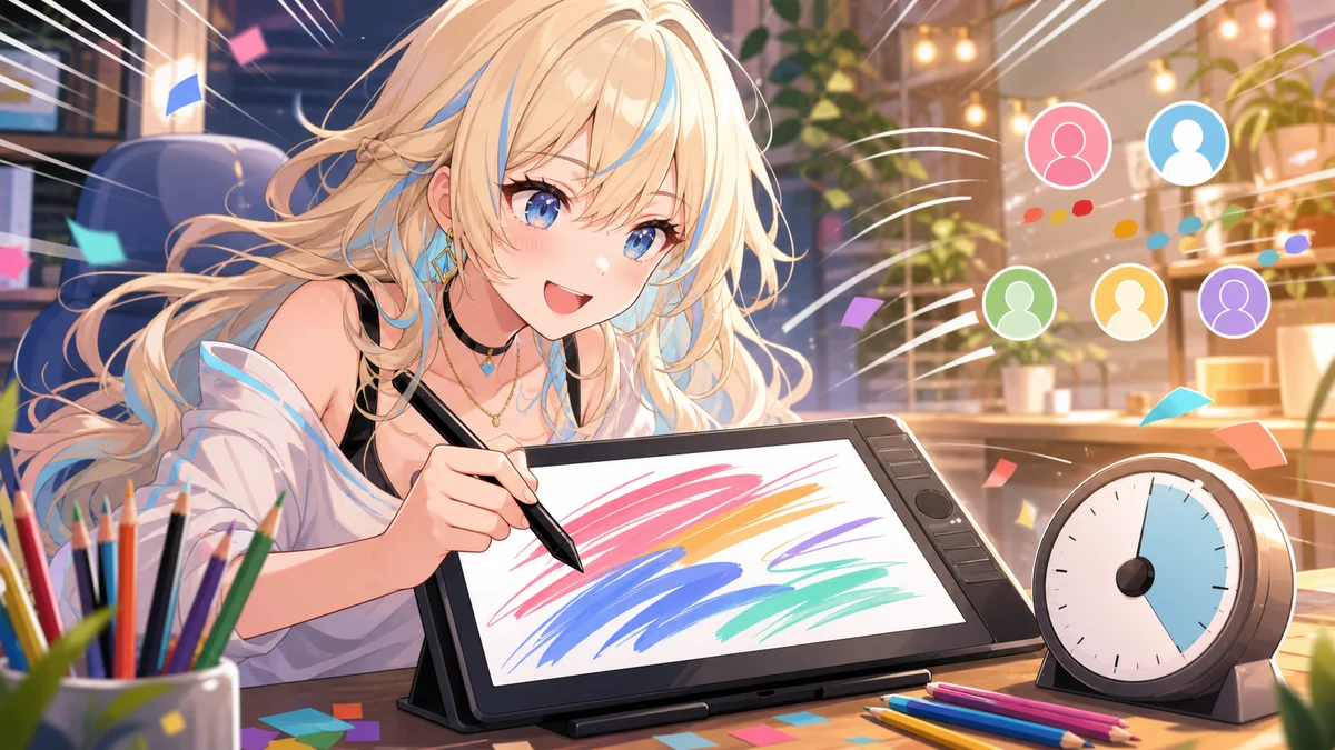 制限時間を示す時計と色鉛筆が並ぶ明るいゲーム配信のイメージ
