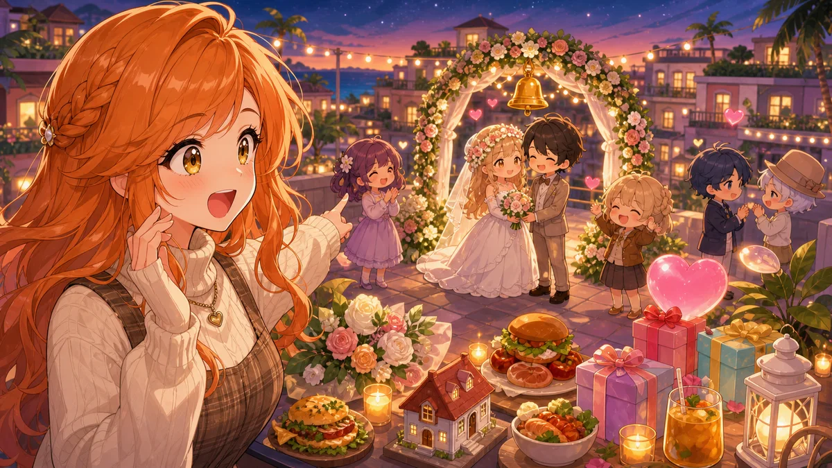 にぎやかな島の広場で住民たちが祝福しているサムネイル風イラスト