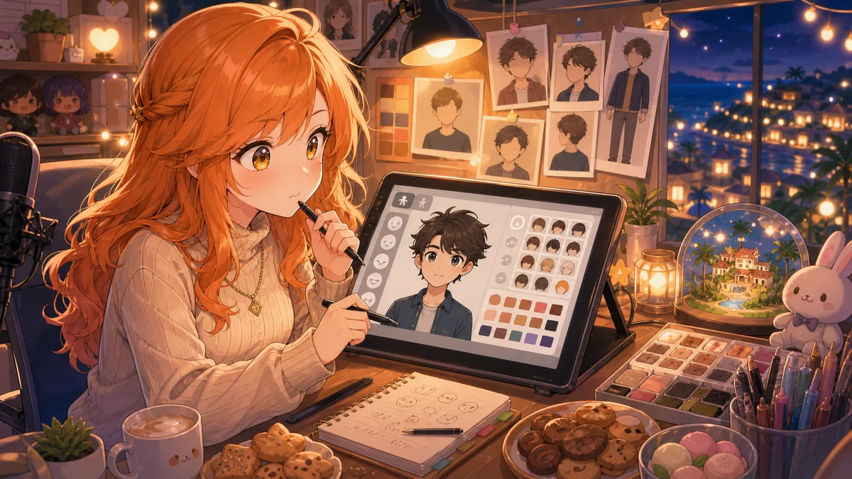 作業机でキャラクター作成画面を見ながら悩む女性キャラクターのイラスト