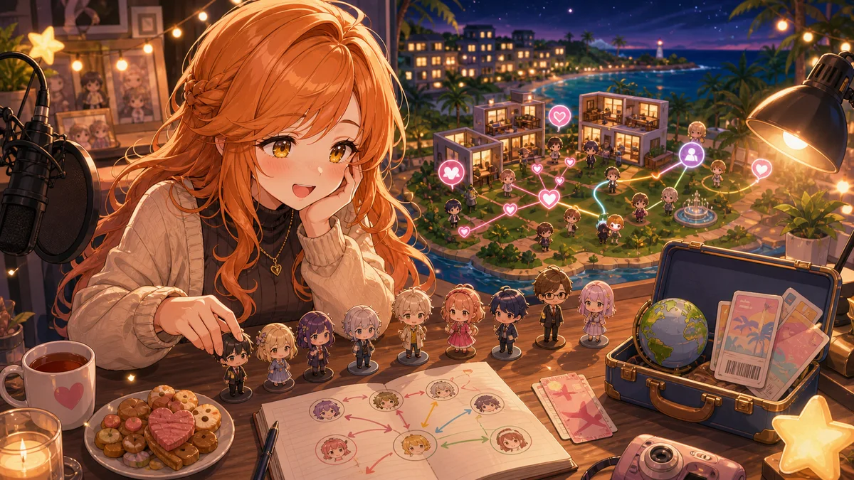 島の夜景と小さな部屋が並ぶ画面を眺める配信部屋のイラスト