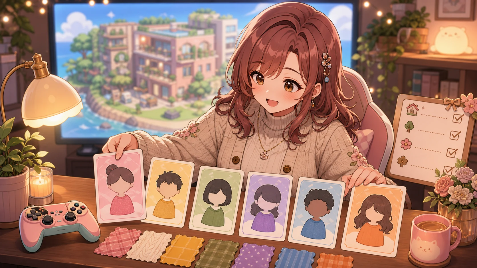 にぎやかな島の部屋で新しい住民カードを並べる女性キャラクターのイメージ