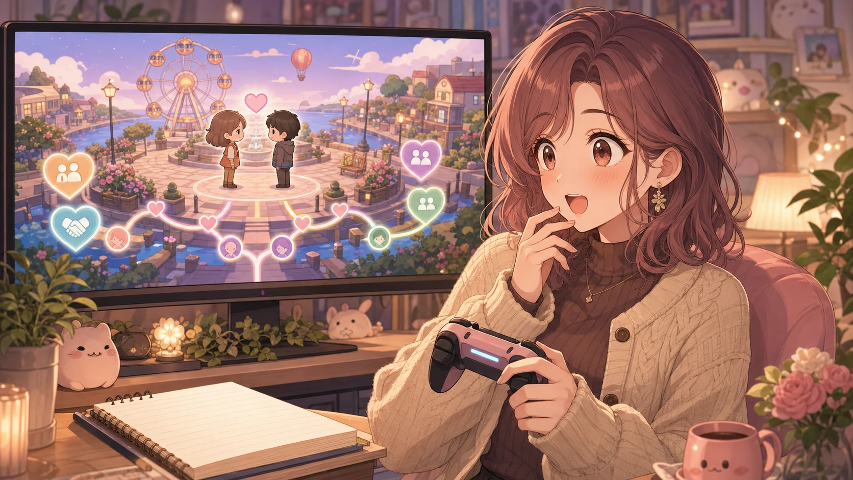 観覧車と島の広場を背景に住民の相談を聞く女性キャラクターのイメージ