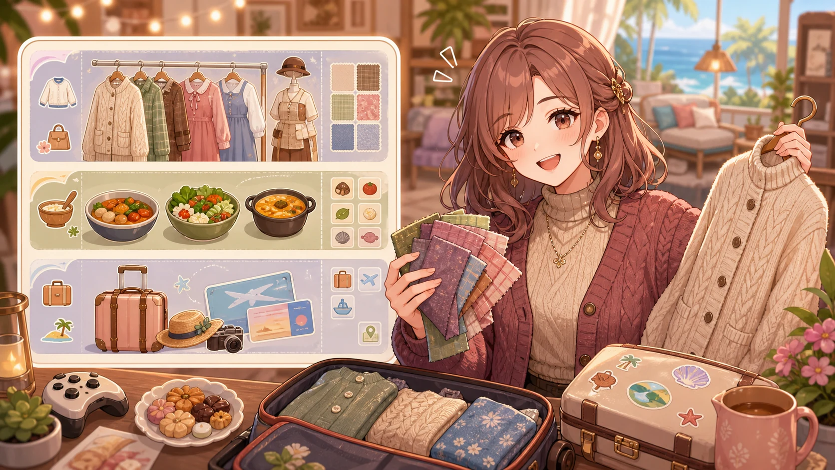 服屋とキッチンの小物が並ぶ明るい部屋で住民の世話をする女性キャラクターのイメージ