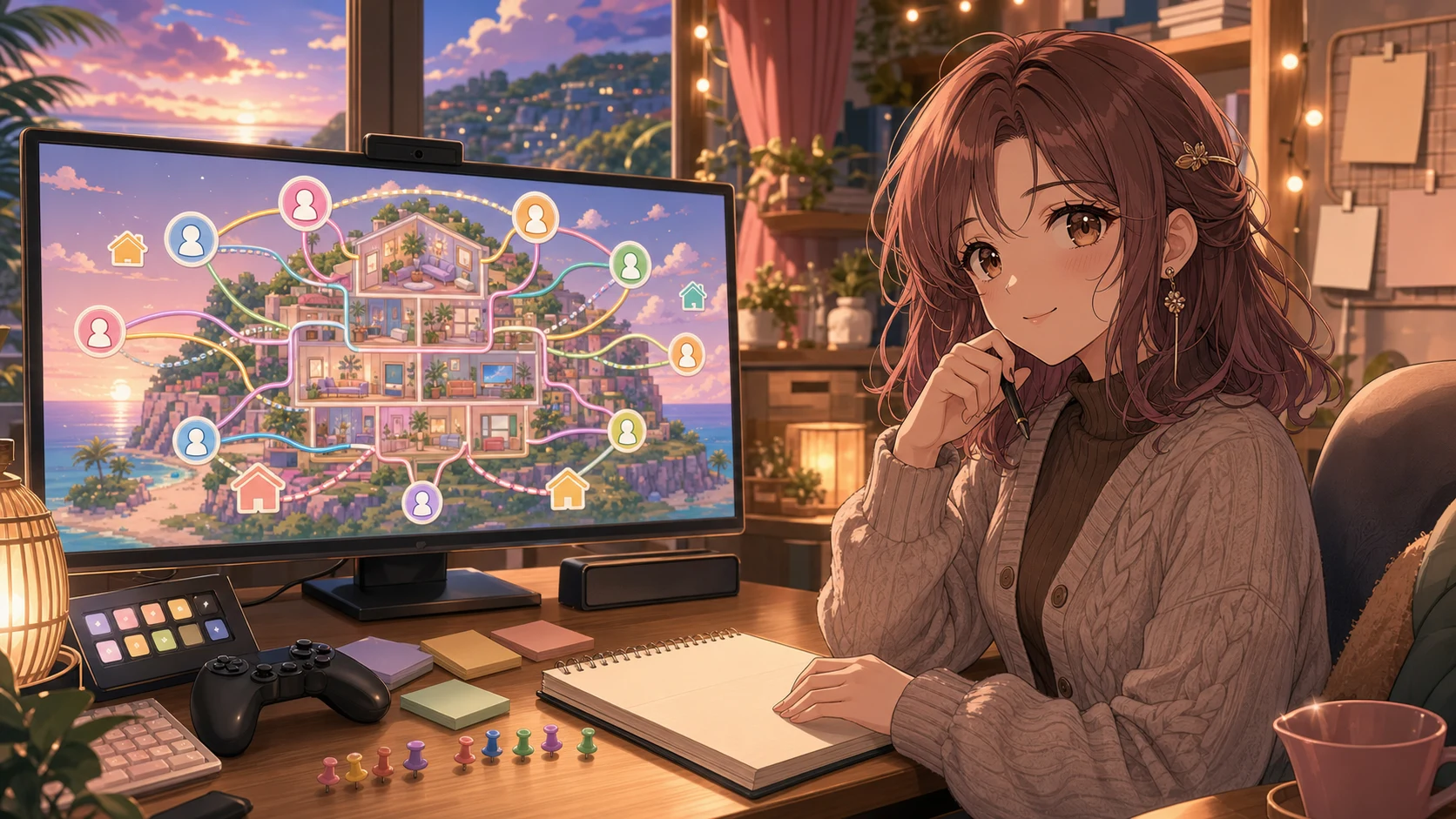 夕方の配信部屋で島の関係図をメモしながら次の展開を考える女性キャラクターのイメージ