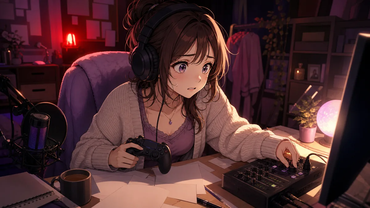 音量確認とジルの部屋を前に緊張する配信者風オリジナル女性キャラクターのイラスト