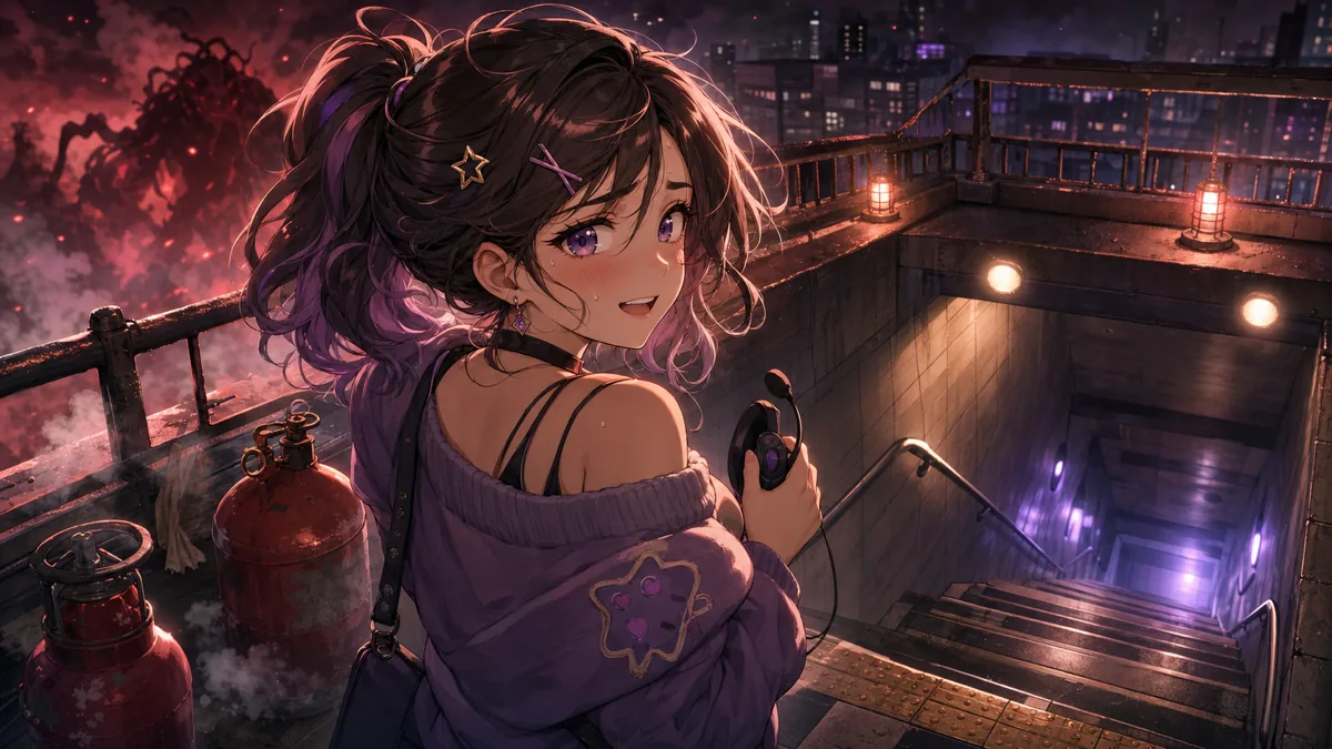 屋上戦のあと地下鉄へ戻る緊張を明るく描いたオリジナル女性キャラクターのイラスト