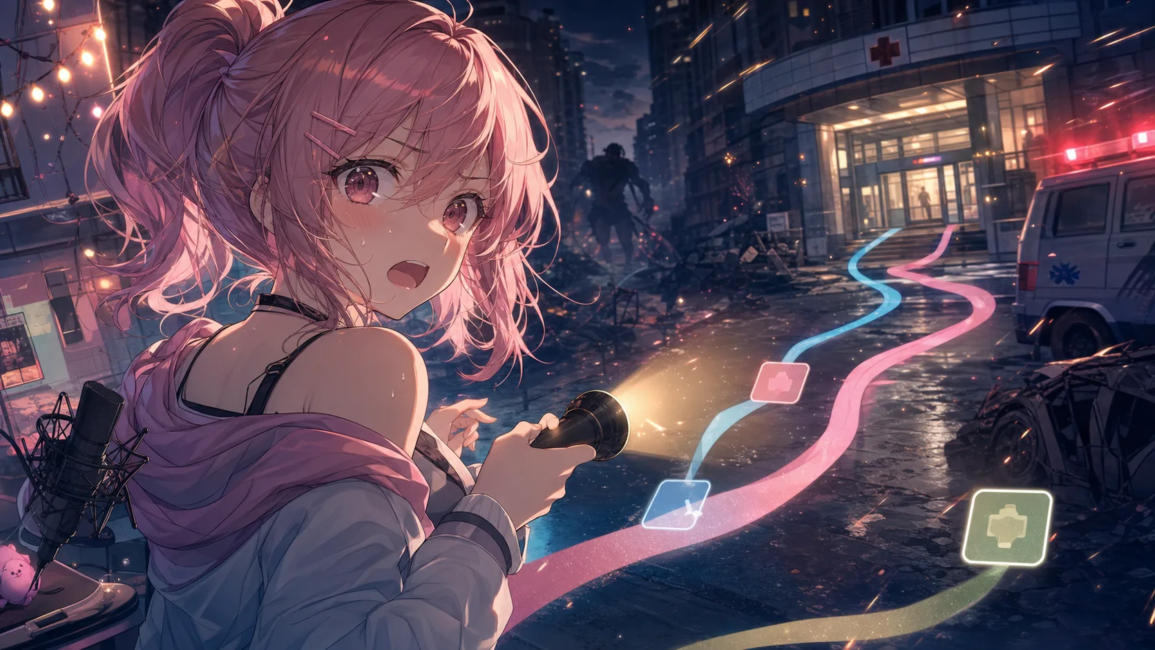 ロケットランチャーの追跡からカルロス交代へ向かう配信をイメージしたオリジナル女性キャラクターのイラスト