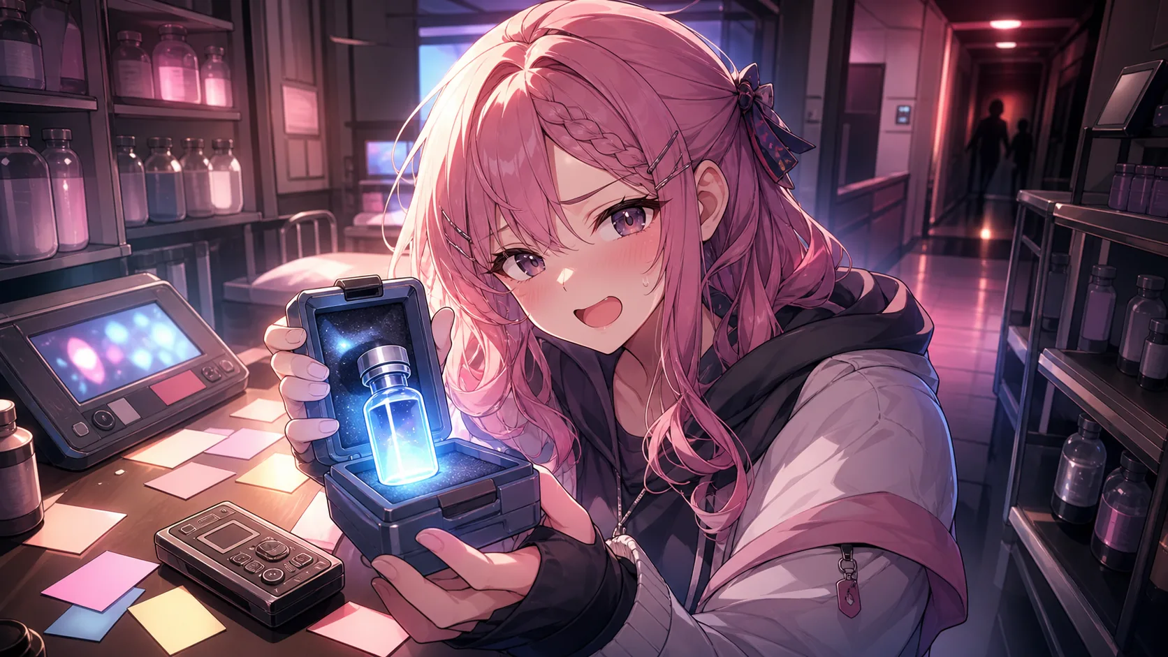バード博士の記録とワクチンの小瓶を確認する病院研究室風のオリジナル女性キャラクターのイラスト