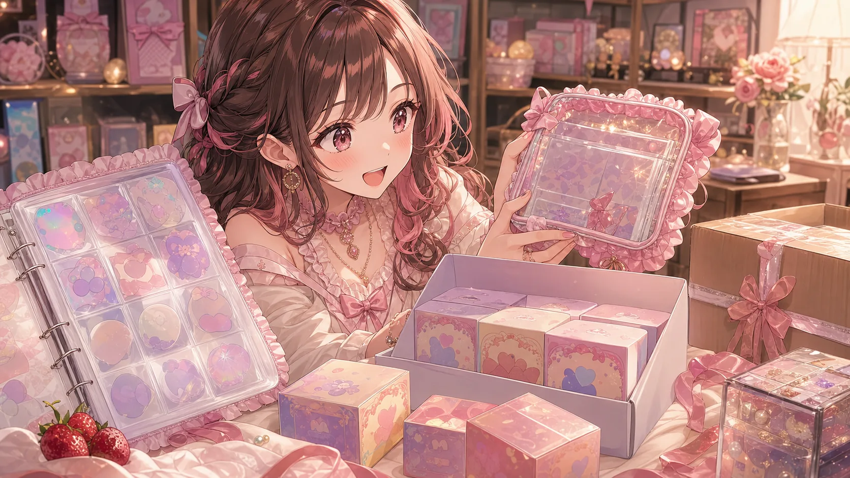 コラボ品やケースを前に推し活の広がりを語る場面をイメージしたイラスト