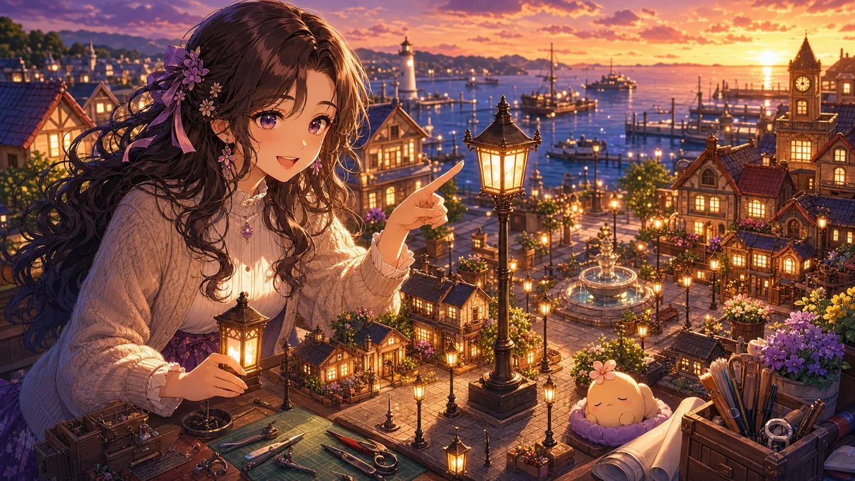 街灯の模型と小さな眠るぬいぐるみを見ながら海辺の町を明るくするオリジナルキャラクターのイメージ