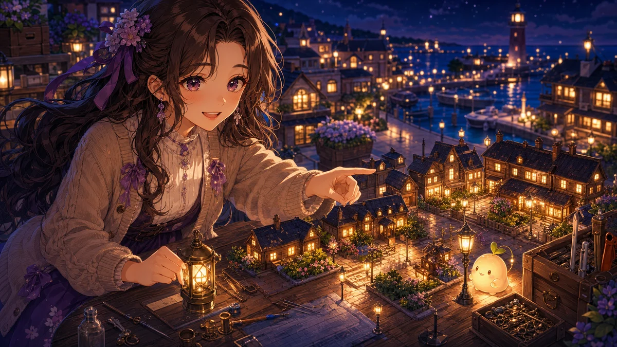 小さな光る脇役と街灯の道筋を見ながら次の整備を考えるオリジナルキャラクターのイメージ