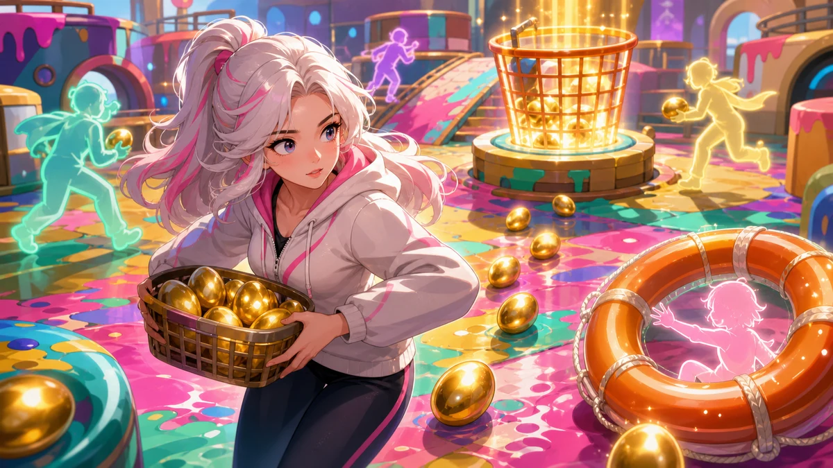 金色のイクラ型オブジェクトと救助用の浮き輪が並ぶ明るい協力ゲーム風の作業場イラスト