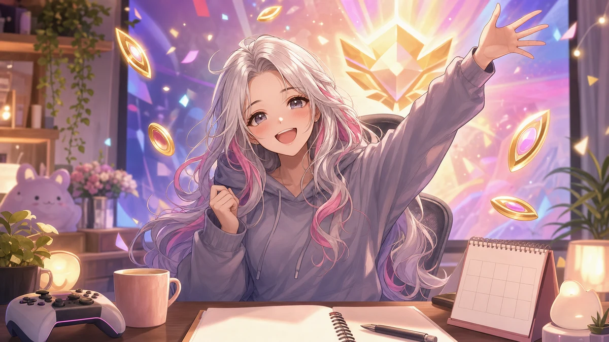 朝の配信部屋でゲームコントローラーとカレンダーが置かれ、緑髪の人物が明るく手を上げているイラスト