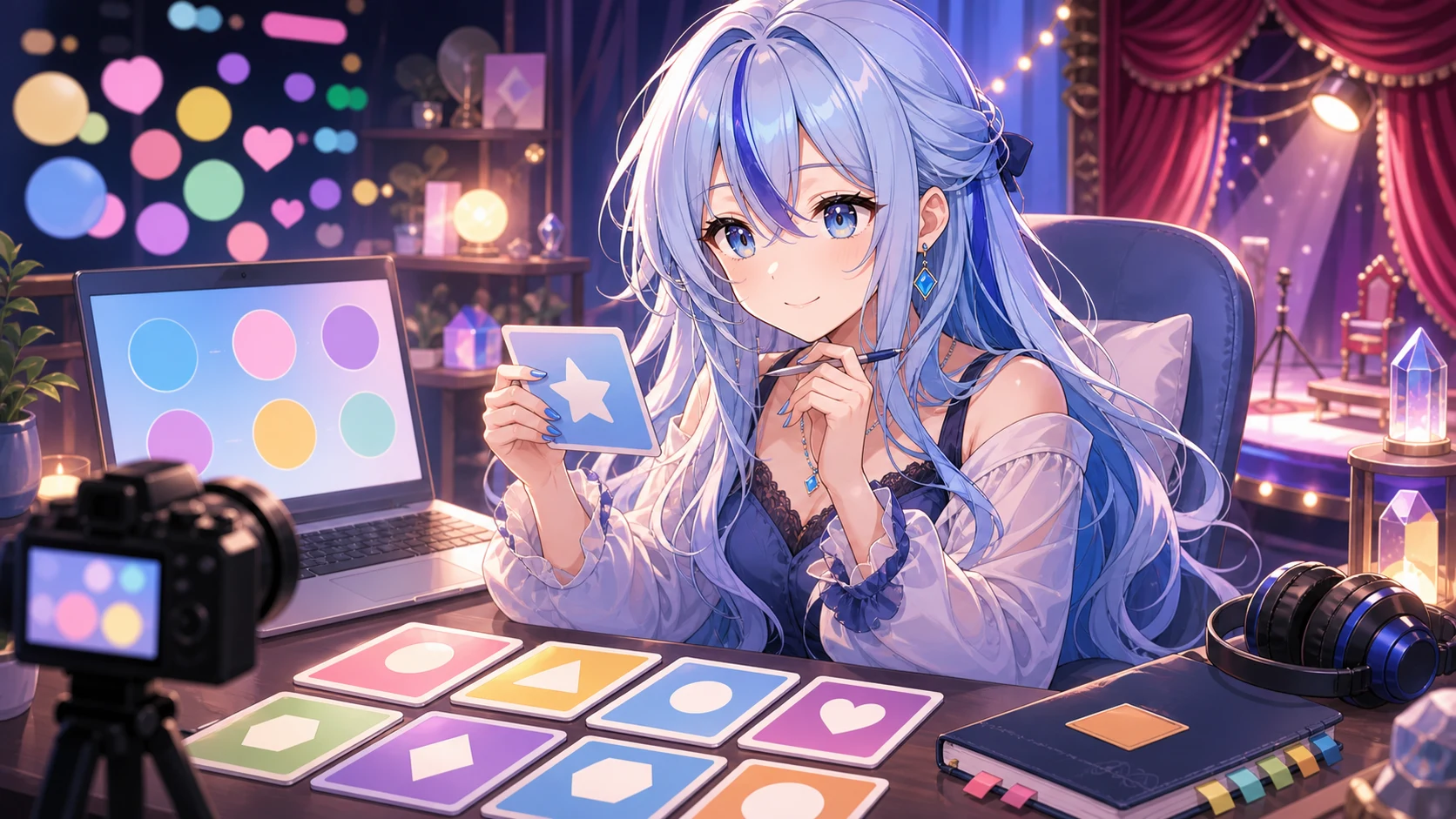診断結果カードや公式リンクのメモを机に並べて整理する青髪のオリジナル女性キャラクターのイメージ