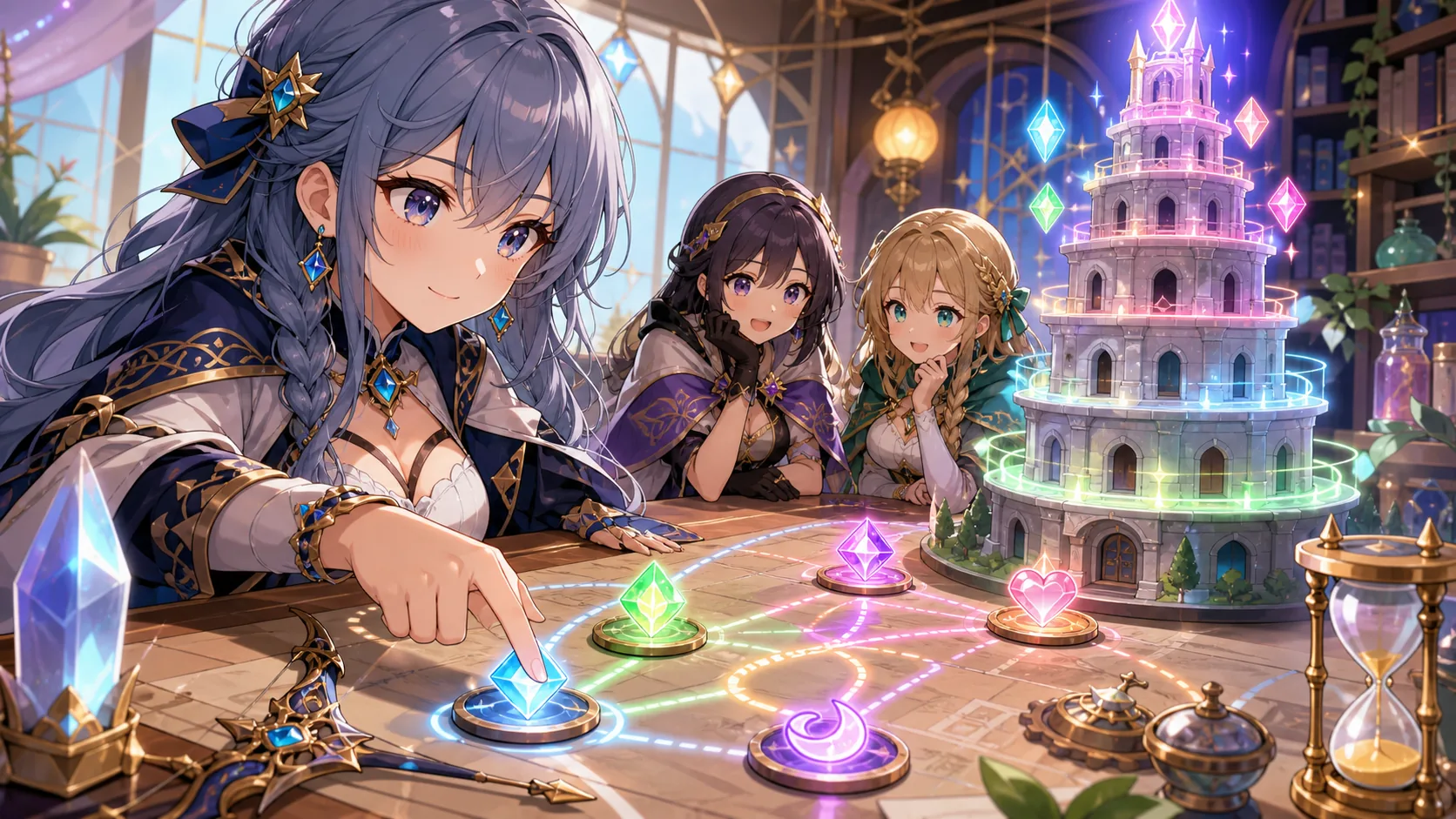 作戦会議の机で塔の模型と装備メモを囲むオリジナル女性キャラクターたちのイメージ
