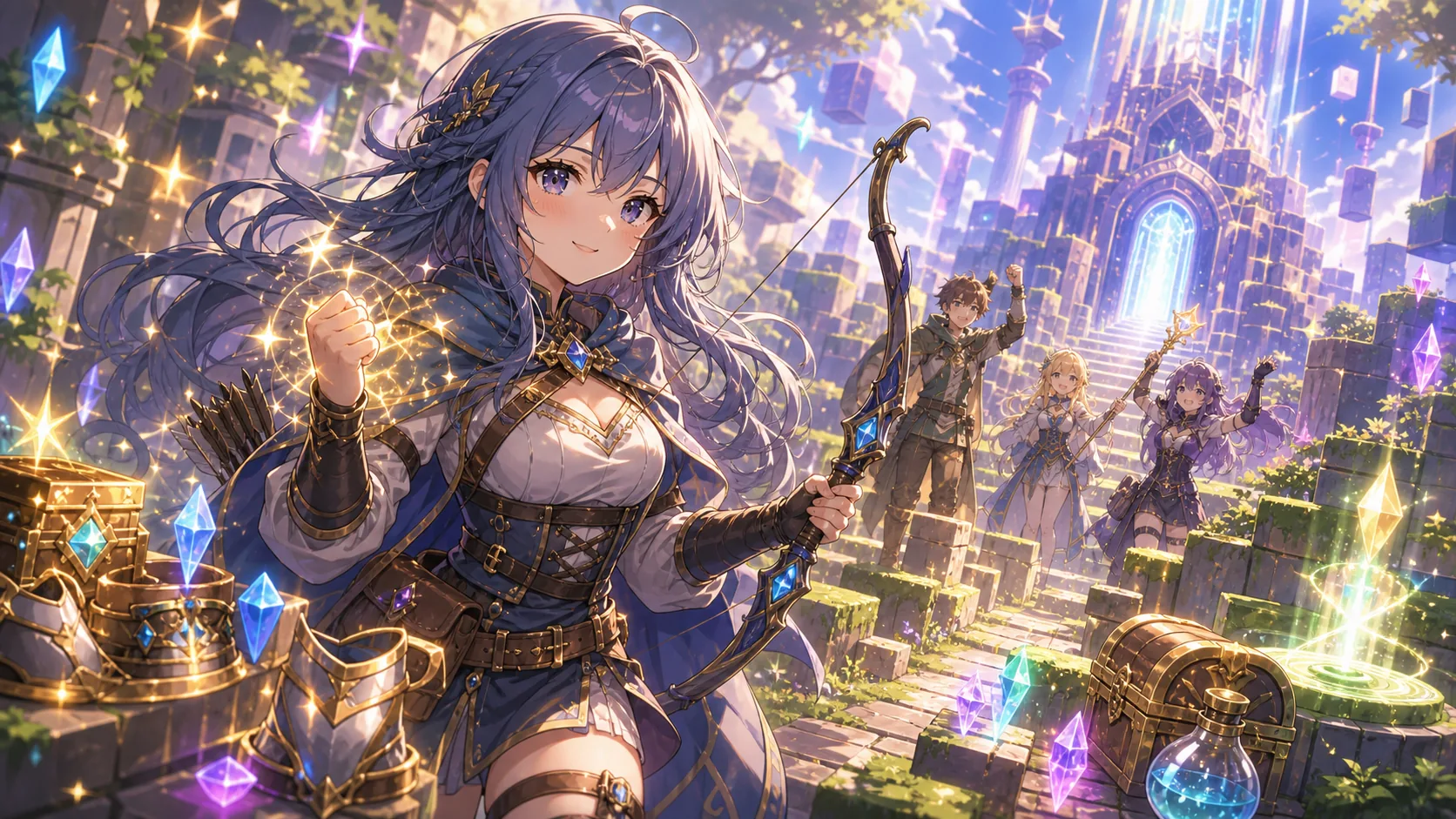 レベル上げの光と塔へ向かう道を背景に弓を構えるオリジナル女性キャラクターのイメージ