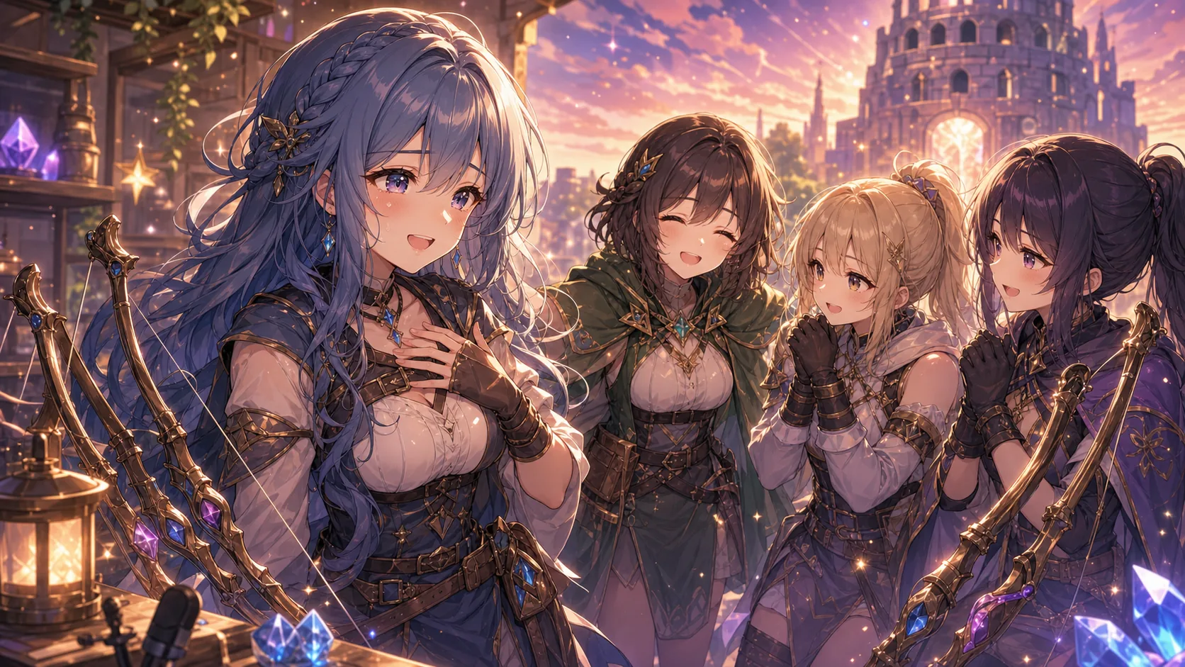 終盤に仲間へ感謝しながら弓使い仲間と集まるオリジナル女性キャラクターのイメージ