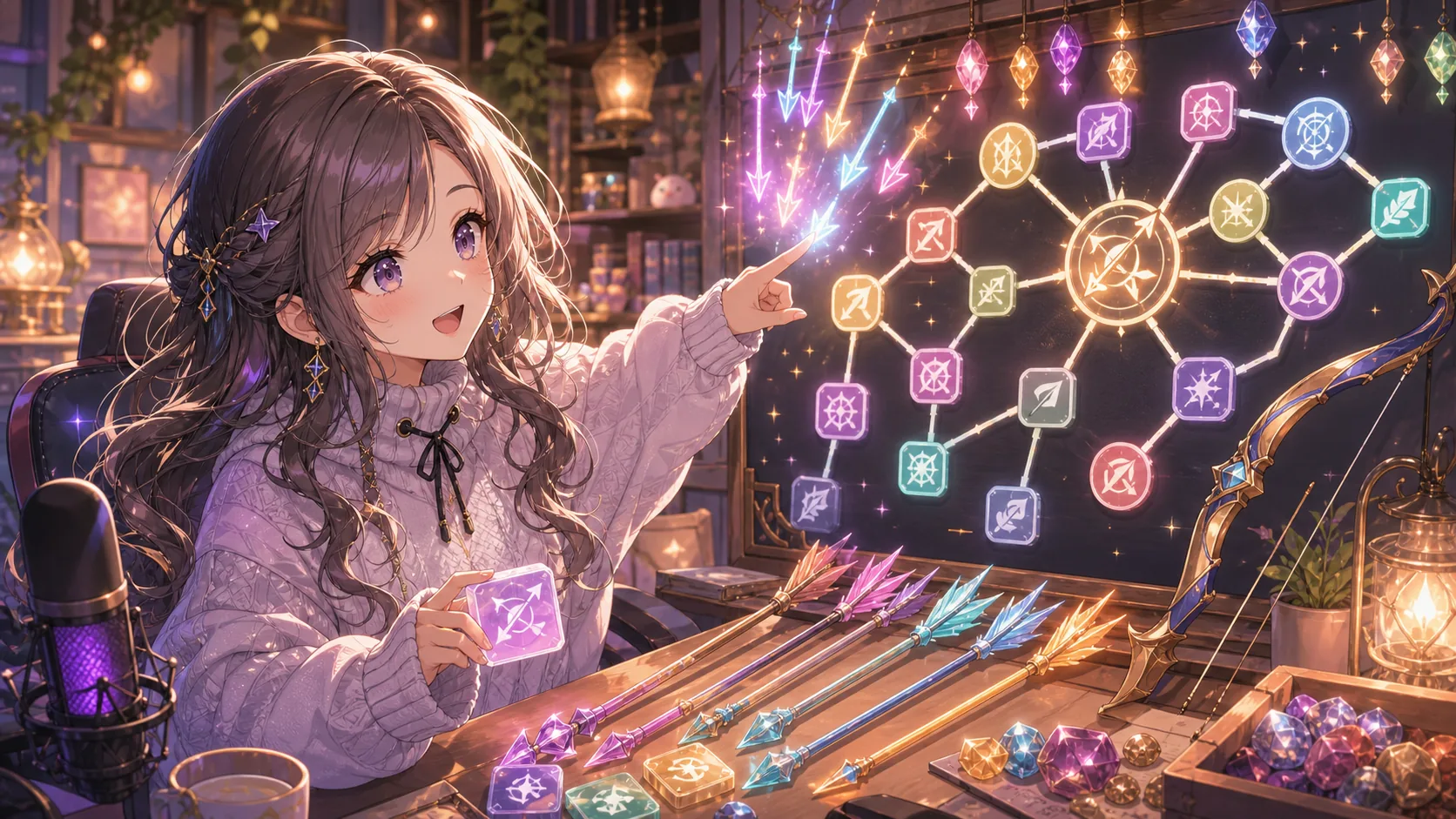 弓とスキルツリーを前にアーチャー構成を組み直すかわいいオリジナル女性キャラクターのイメージ