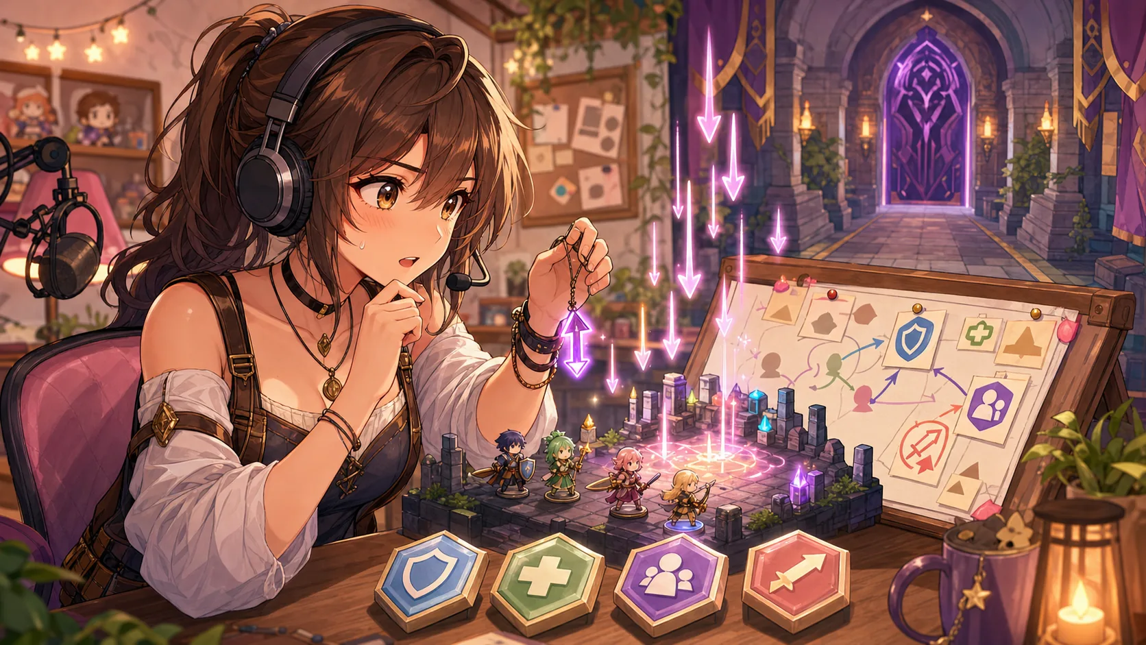 仲間の作戦メモと魔法の矢を見比べて連携を整えるかわいいオリジナル女性キャラクターのイメージ