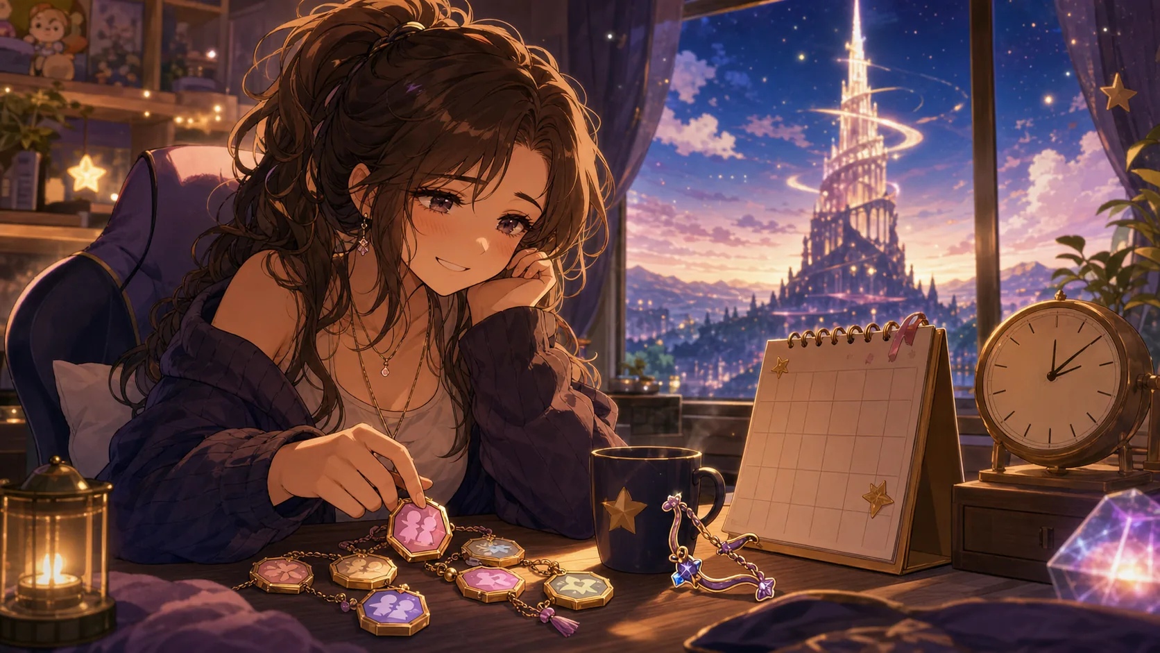 DoZ終盤の配信部屋で仲間との思い出と翌日の予定を整理するかわいいオリジナル女性キャラクターのイメージ