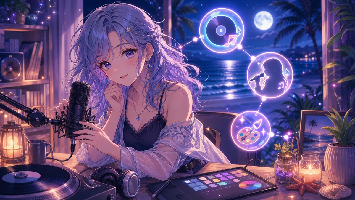 月明かりの海辺でマイクと原曲リンクのメモを整えるオリジナル女性キャラクターのイメージ