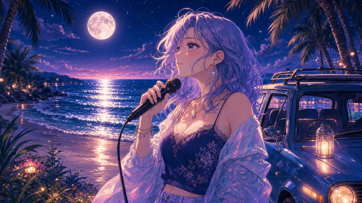 夜の海辺と車を背景にマイクを持って歌うオリジナル女性キャラクターのイメージ