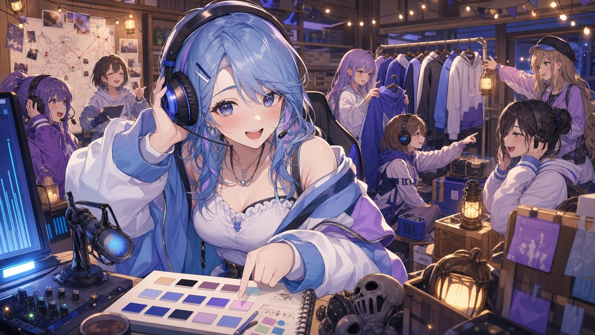 配信前のロビーで大人数コラボの準備をするかわいいオリジナル女性キャラクターのイメージ
